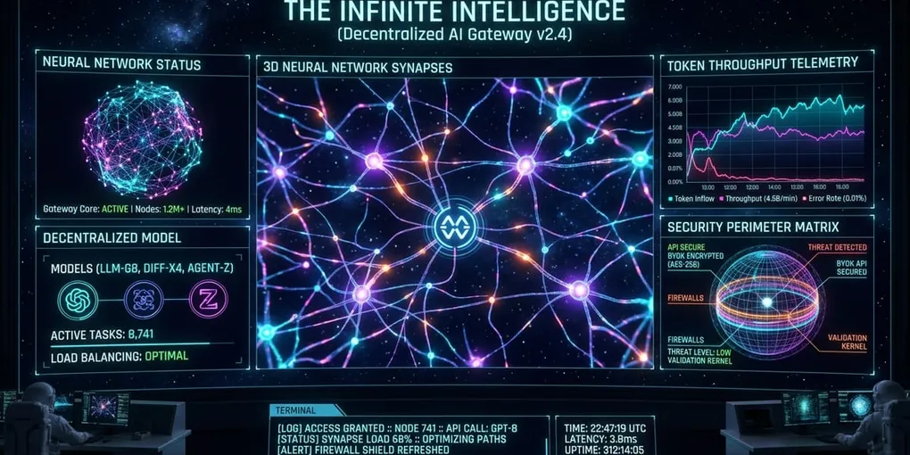 Cover schematic for Infinite Intelligence — BYOK Keys, Rate Limits, Guardrails