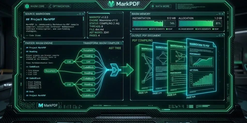 Cover schematic for MarkPDF Tech Stack — react-markdown, Print CSS, Highlighting